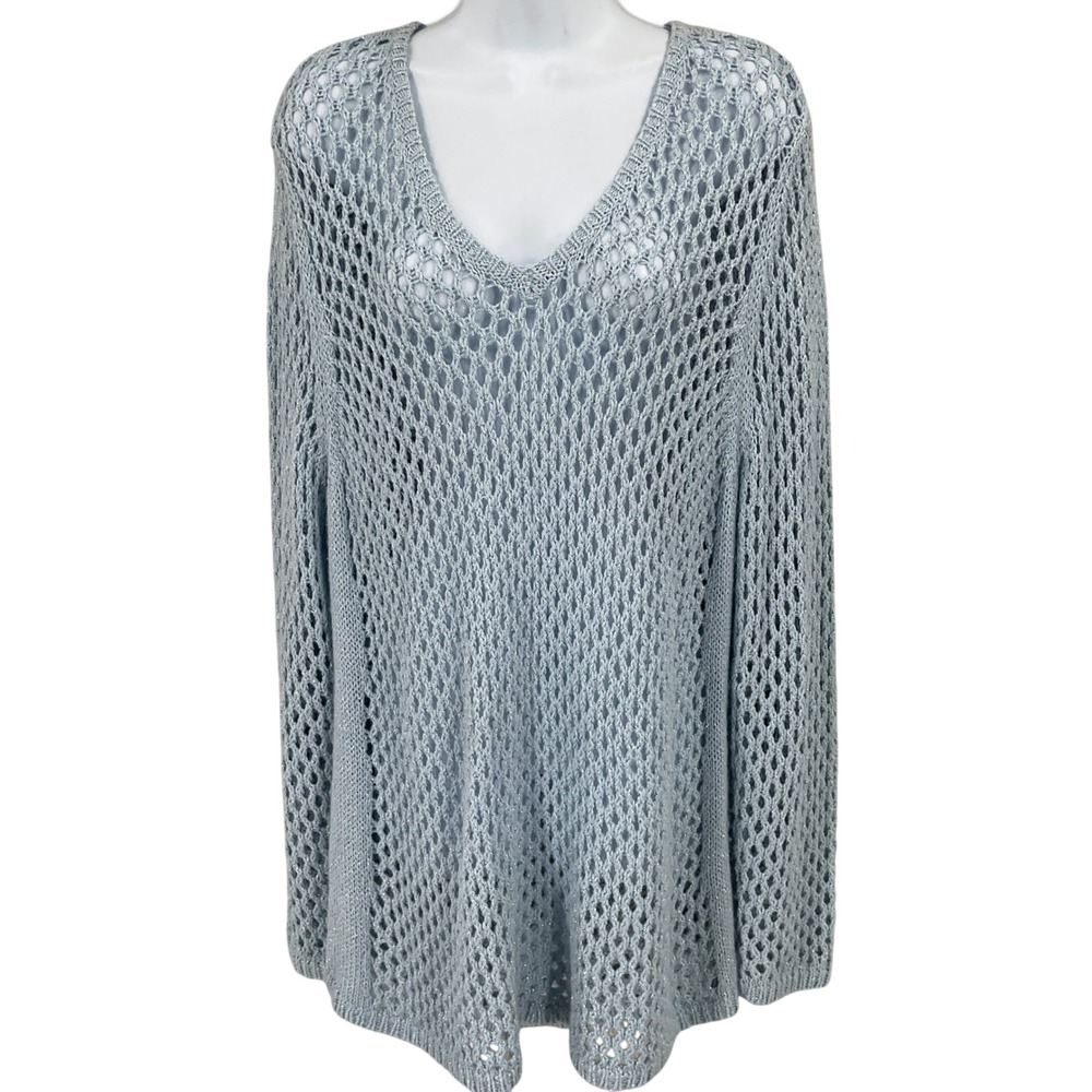 Chicos Tunic Sweater Women 4 Blue Metallic Open Knit V-Neck Shimmer Boho Classic